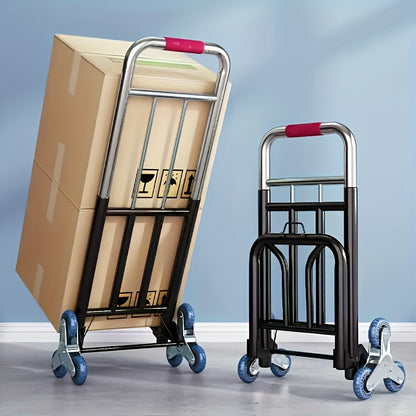 Durable folding hand truck with wheels designed for climbing stairs, easy to lift and carry, ideal for moving and shopping.