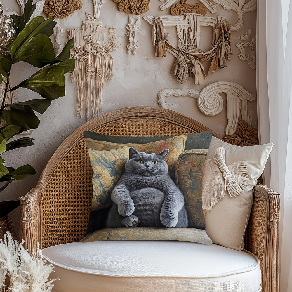 One British Shorthair Cat Sofa Throw Pillow Cover made of woven polyester. This soft and zippered cover is washable and features a single-sided print. Perfect for the 14+ age group, this decorative cushion case is designed for use in the living room and