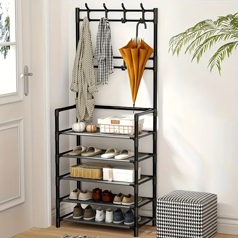 Metal storage rack with varnished finish, free-standing coat hanger, sturdy organizer for bedroom and entryway in black or white.