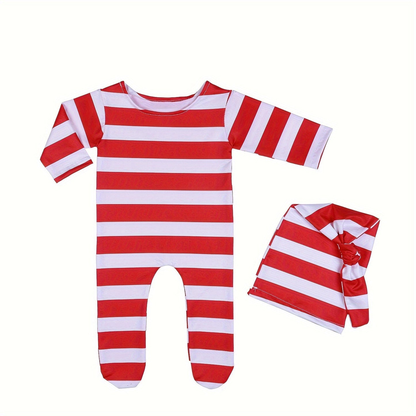 Adorable Christmas Photo Props: Striped Romper and Long-Tailed Hat Outfit - Perfect for Christmas, Halloween, and Thanksgiving; Ideal for New Year's and Valentine's Gifts