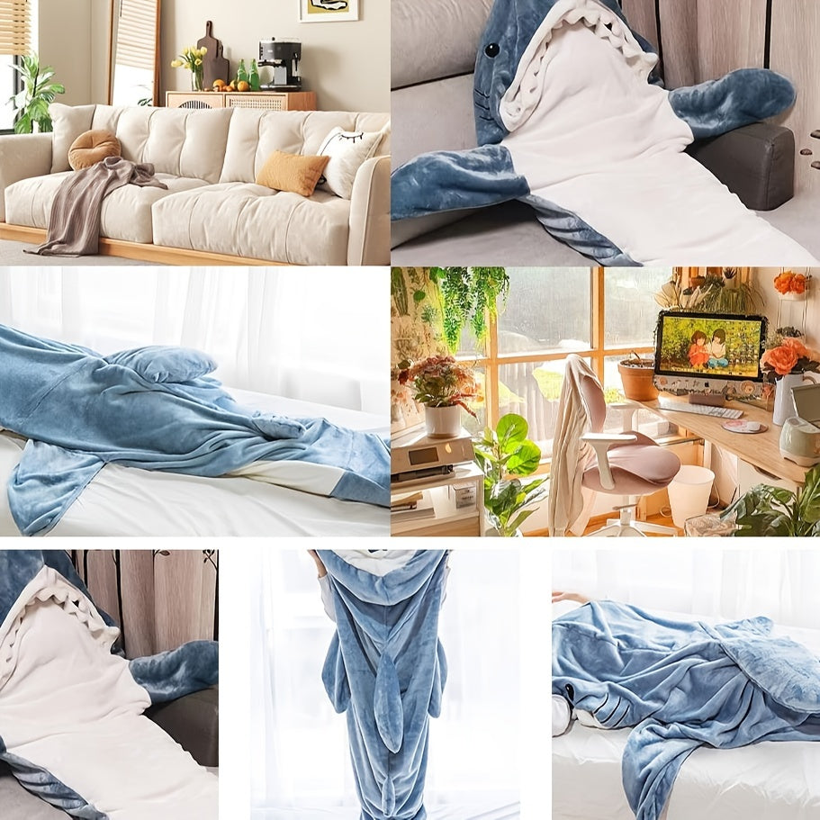 Stay cozy in this adorable shark-patterned blanket hoodie designed for adults. This cute and funny blue shark flannel blanket features a cartoon animal design perfect for lounging on the sofa, in bed, or even while camping in your car. A great gift idea