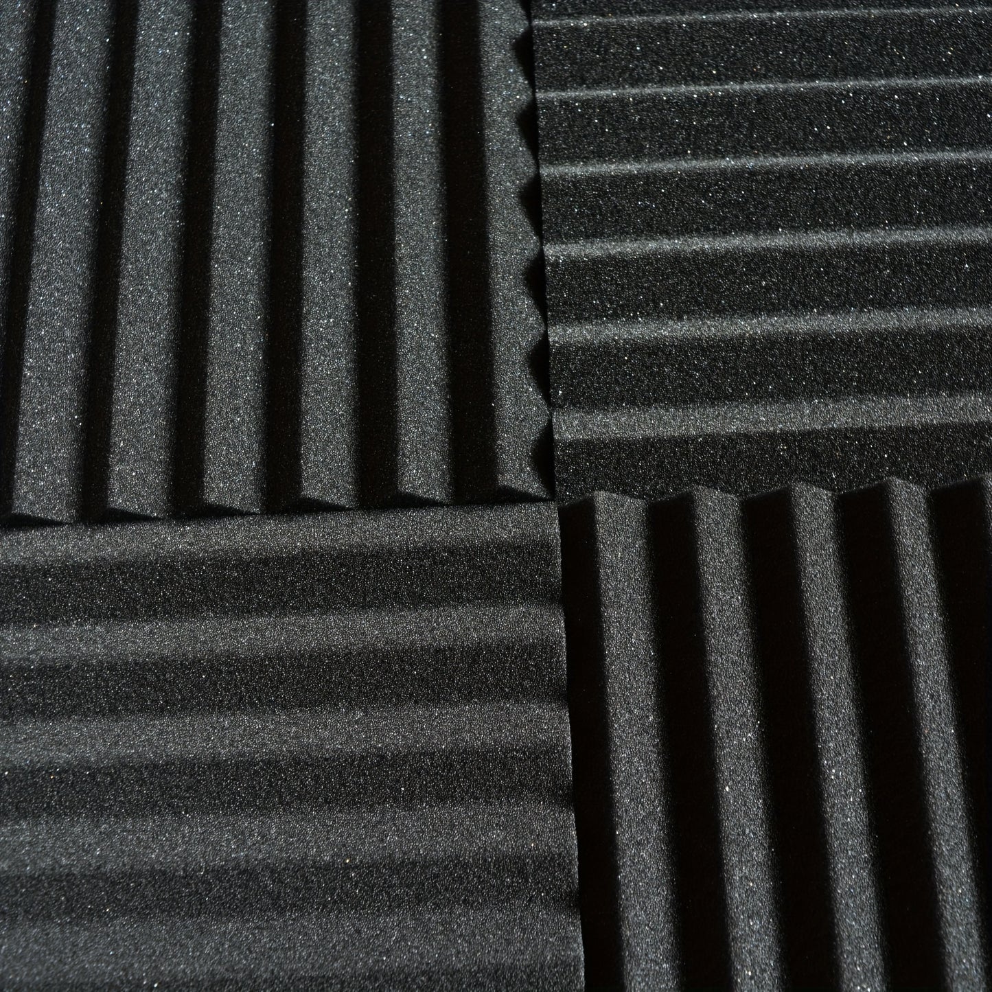 96 pieces of black acoustic foam wedge soundproof wall panels measuring 30.48x30.48x6.35 cm. High-density foam suitable for various settings like studios, bedrooms, offices, gyms, and