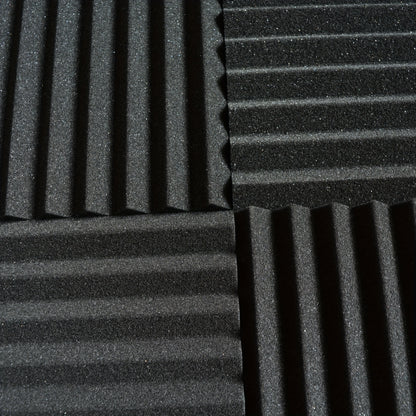 96 pieces of black acoustic foam wedge soundproof wall panels measuring 30.48x30.48x6.35 cm. High-density foam suitable for various settings like studios, bedrooms, offices, gyms, and