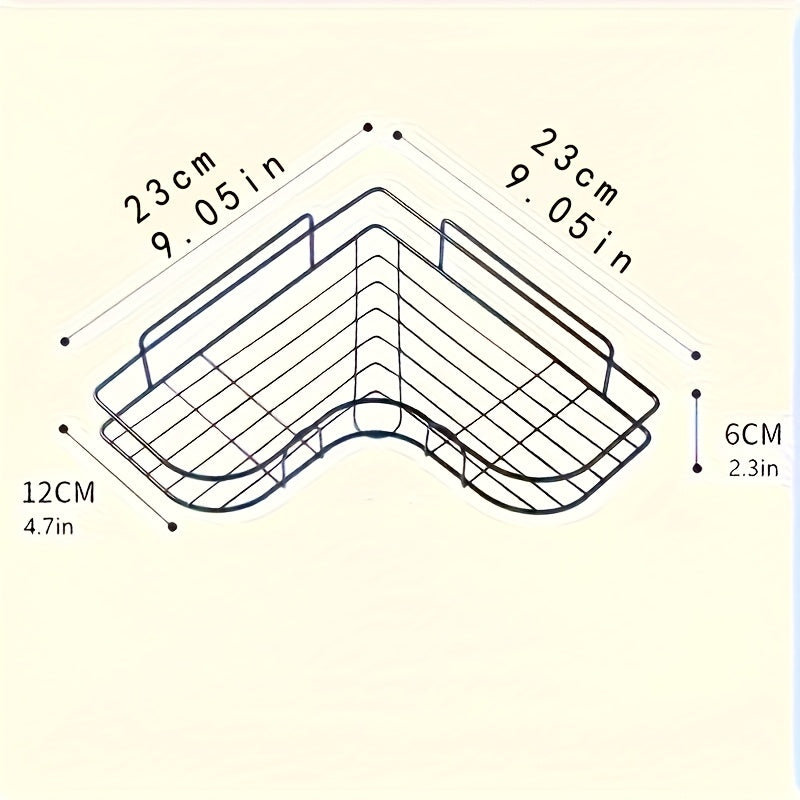No-drill corner shower caddy made of rust-resistant wrought iron for bathroom storage.
