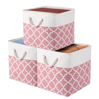 Set of three large rectangular fabric storage baskets featuring handles for easy organizing. Perfect for storing toys, clothes, and other items in your closet, home, or office. These classic style bins are durable and foldable for convenient storage when