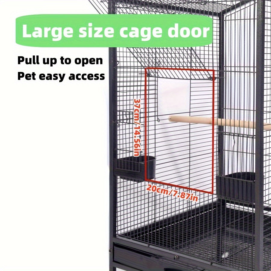 Metal bird cage for small to medium parrots, ideal for home and pet use, includes perch, feeder, water cup, and window.