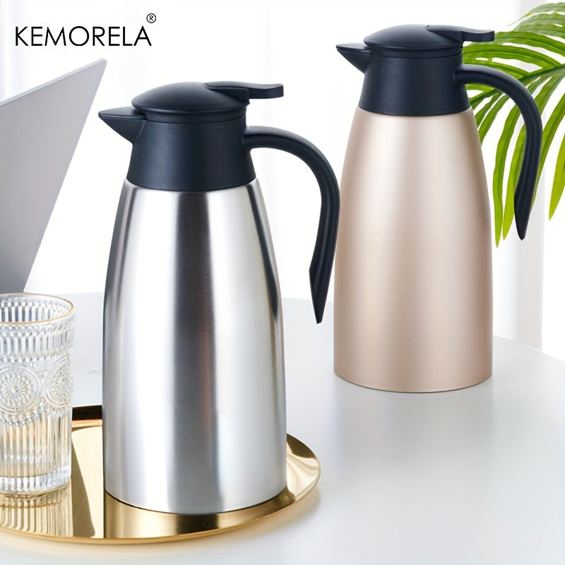 The KEMORELA 1.5/2L Thermal Kettle is made of durable stainless steel with vacuum insulation for 24-hour heat preservation. It has a large capacity and is perfect for home or office use, making it a portable and efficient coffee pot.