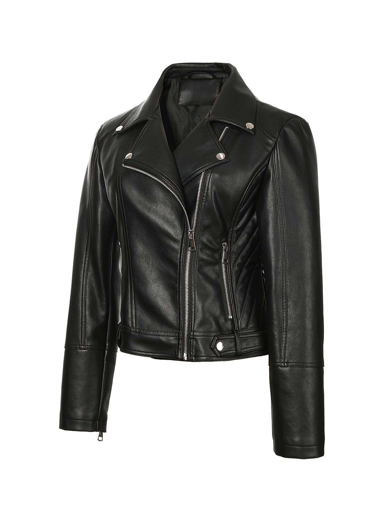 Plus-size black PU leather moto jacket with long sleeves, zip-up front, and buttoned cuffs for versatile fall/winter style.