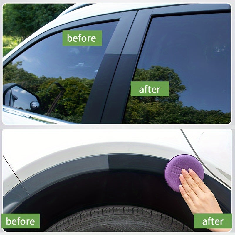 Car restoration wax with multi-purpose use: interior shine, tire protection, black vehicle yellowing repair, and nano crystal plating for dashboards.