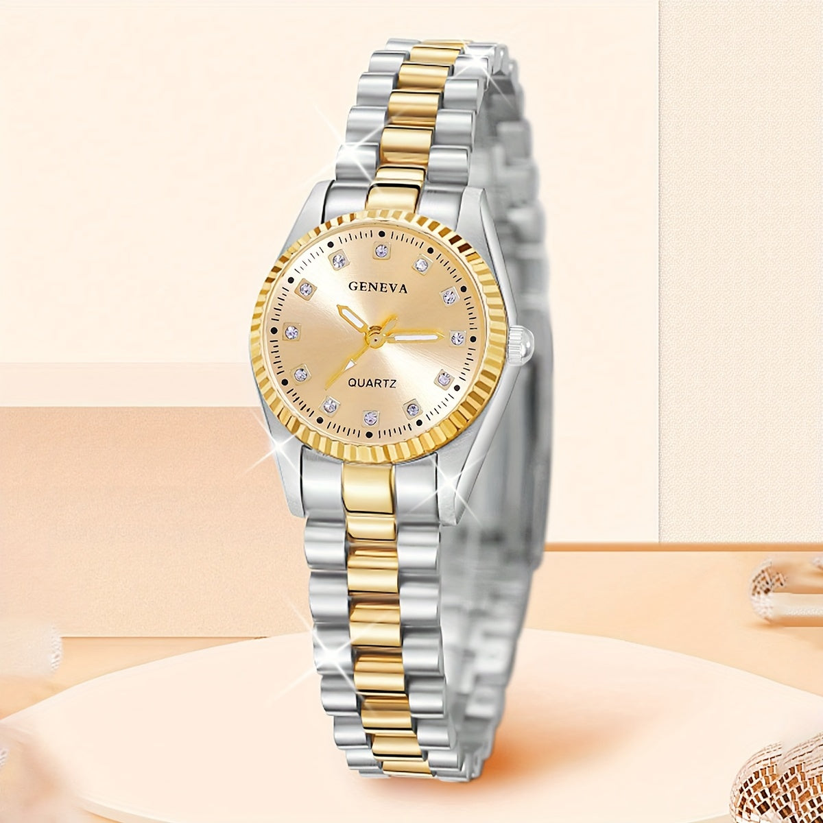 Women's Middle East Ramadan watch featuring a golden round dial with fully encrusted details. Includes an alloy strap, suitable for parties, holidays, birthdays, or as a gift for a lady.