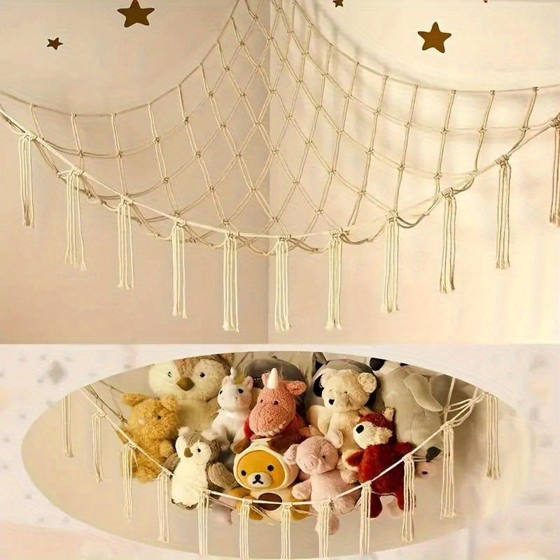 Boho Chic Plush Hammock - Hanging Net for Stuffed Animals Storage, Easy to Install, Perfect for Bedroom Decor