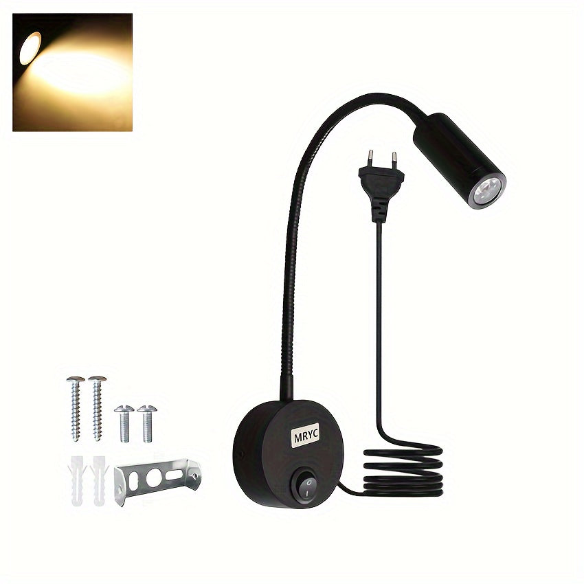 Wall-mounted reading light with flexible goose neck LED spotlight, plug and switch, suitable for bedroom, bedside, office, workbench, studio.