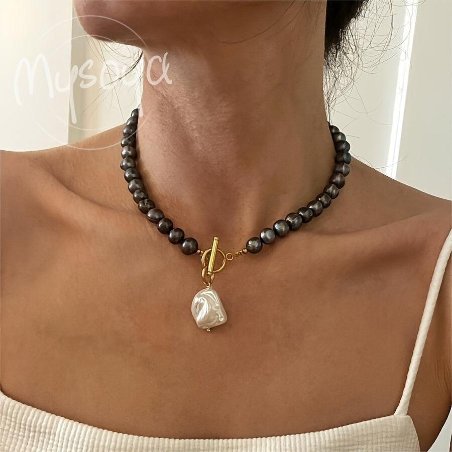 MYSOYA Vintage Elegant Baroque Black Freshwater Pearl Pendant Necklace 8-9mm, Natural June Birthstone, Handcrafted, Ideal Gift for Her, Versatile for Everyday Wear, Special Occasions, and Celebrations, Includes Gift Box