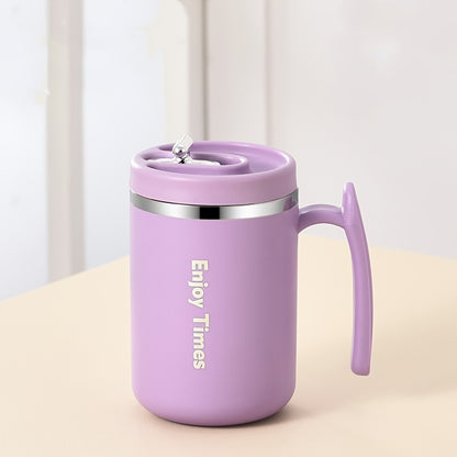 Stylish stainless steel coffee mug with straw, handle, perfect for office, reading, camping. Available in orange, light blue, cream, ideal for drinking coffee or tea.