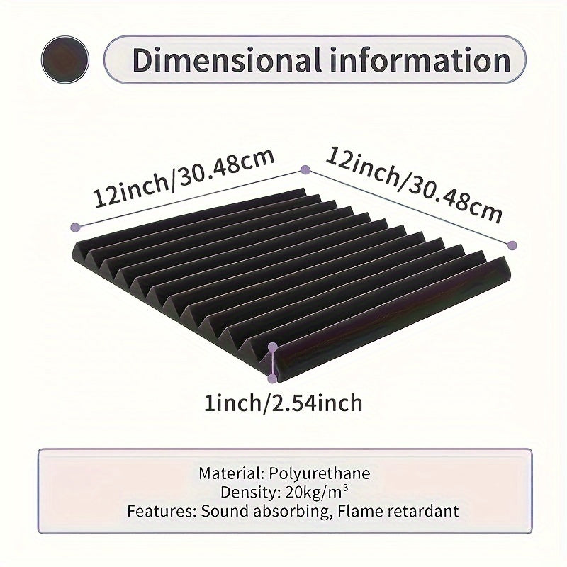 52 acoustic foam panels, 2.54cm X 30.48cm X 30.48cm, fire resistant with double-sided adhesives for soundproofing studio.