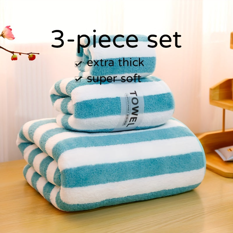 Luxury bath towel set in blue & white stripes - ultra-soft, highly absorbent microfiber. Includes large bath towel, bath towel, and washcloth. Lint-free, skin-friendly for home & hotel use. Ideal for bathrooms.