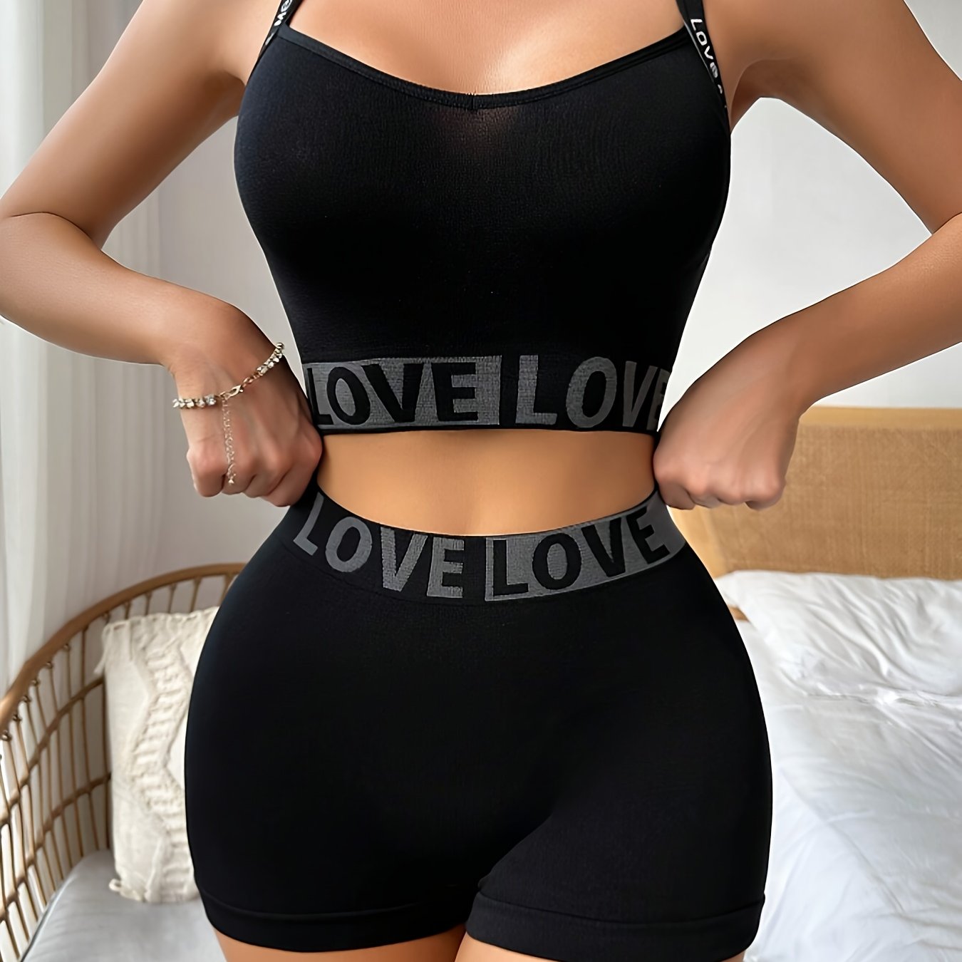 Two-piece set for women featuring love letter crop top and high-waisted shorts, seamless tummy control panties, soft and comfortable lift, breathable knit fabric, adult size, nylon