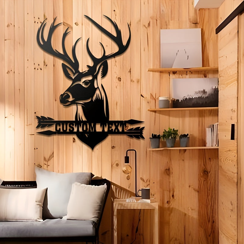 Metal Plaque with Customizable Deer Head Design - Add Your Own Name, Features High-Temperature Baked Paint Finish for Durability, Perfect for Wall Decor in a Rustic or Hunting-themed Space. Makes a Great Gift for Father's Day, Christmas, or Housewarming.