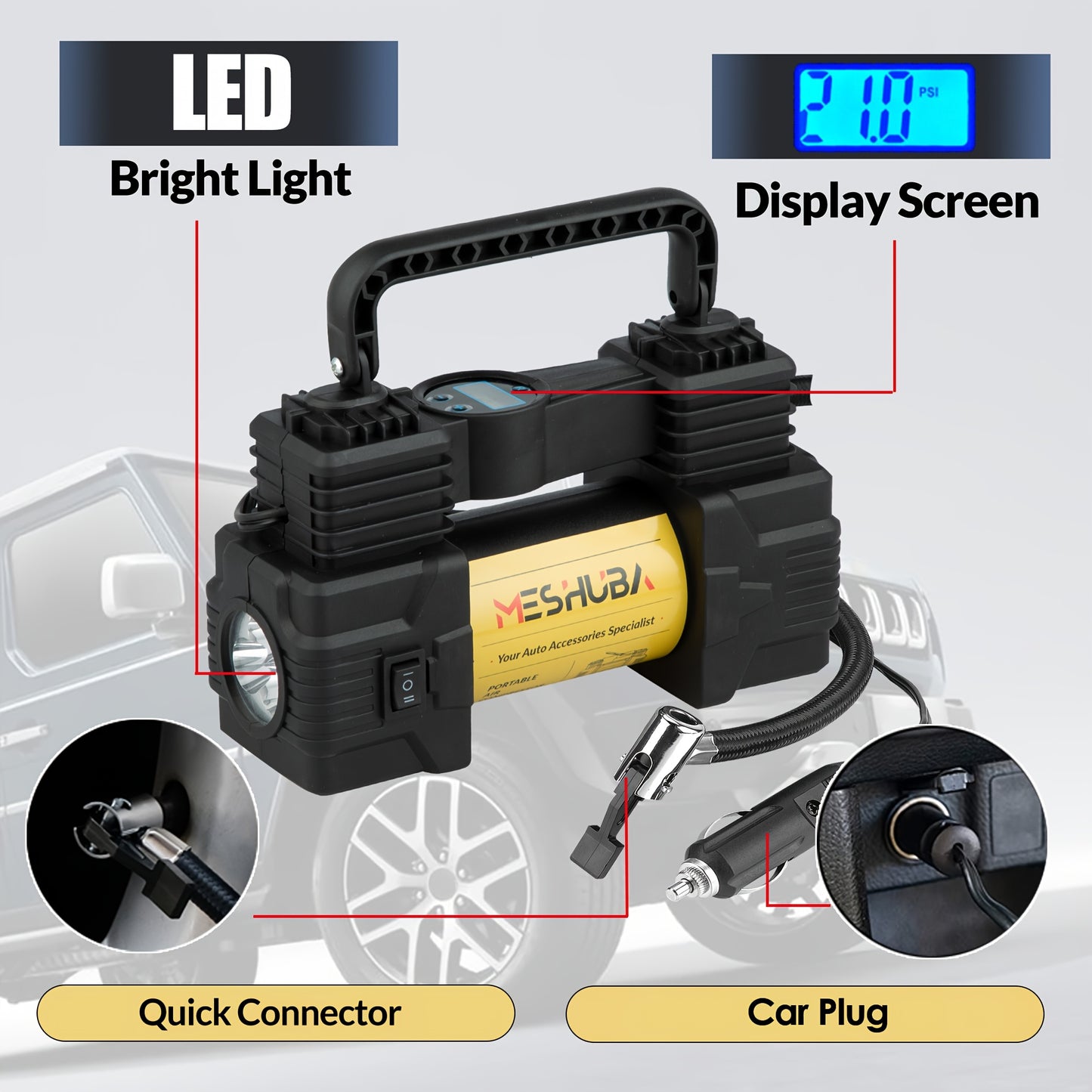 616 MESHUBA Tire Inflator: 12V Portable Air Compressor with Digital Pressure Gauge, 150PSI, Yellow (Battery Not Included)