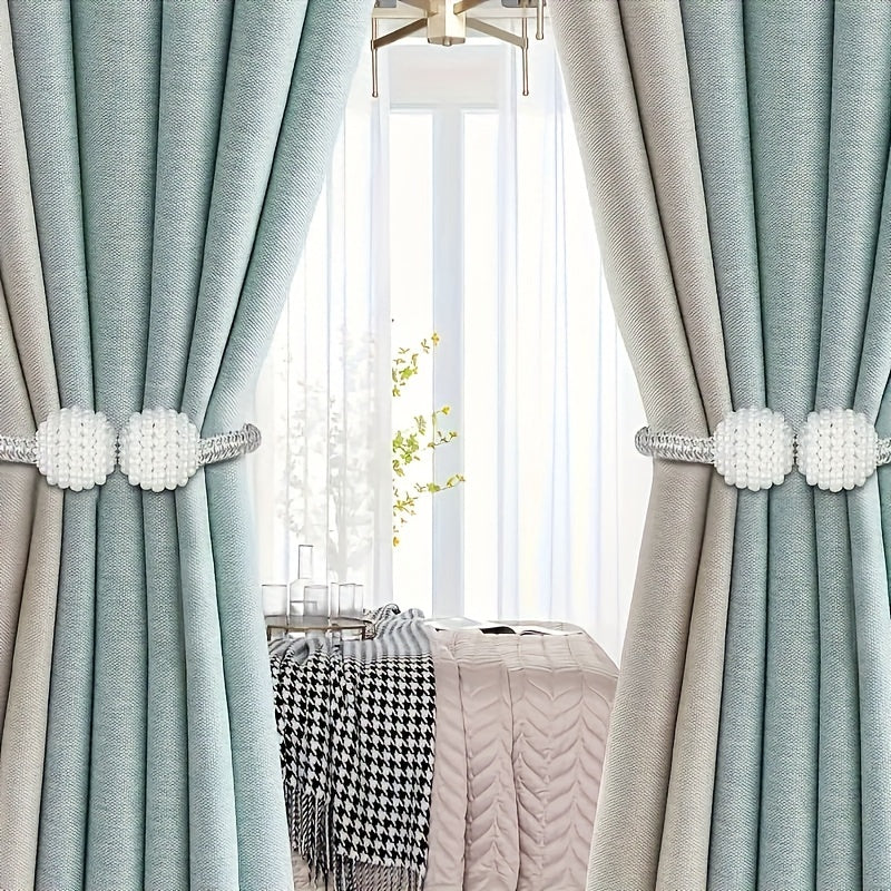 Set of 4 Modern Curtain Tiebacks with Faux Pearl Detailing - Made of Polyester Material in Elegant Gray Finish, Ideal for Enhancing Living Room, Bedroom, and Office Décor, Perfect for Holding Back Window Curtains in Style