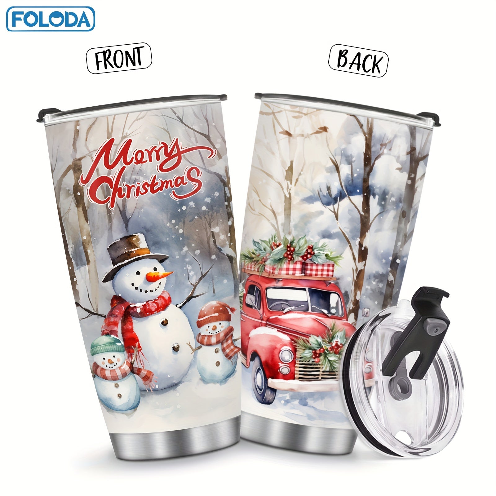 Red Truck Snowman Tumbler - 20oz stainless steel insulated Christmas mug. Perfect gift for men, women, friends, and teachers.