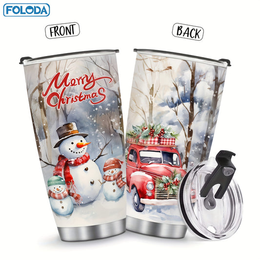 Red Truck Snowman Tumbler - 20oz stainless steel insulated Christmas mug. Perfect gift for men, women, friends, and teachers.