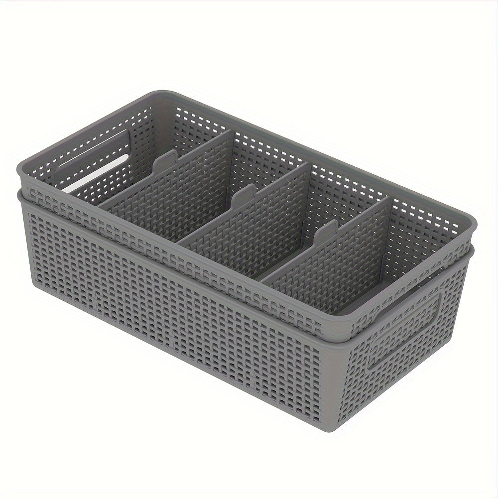 Multi-purpose woven storage box with divider for bathroom vanity and kitchen cabinet/countertop drawer - set of 5 pieces.