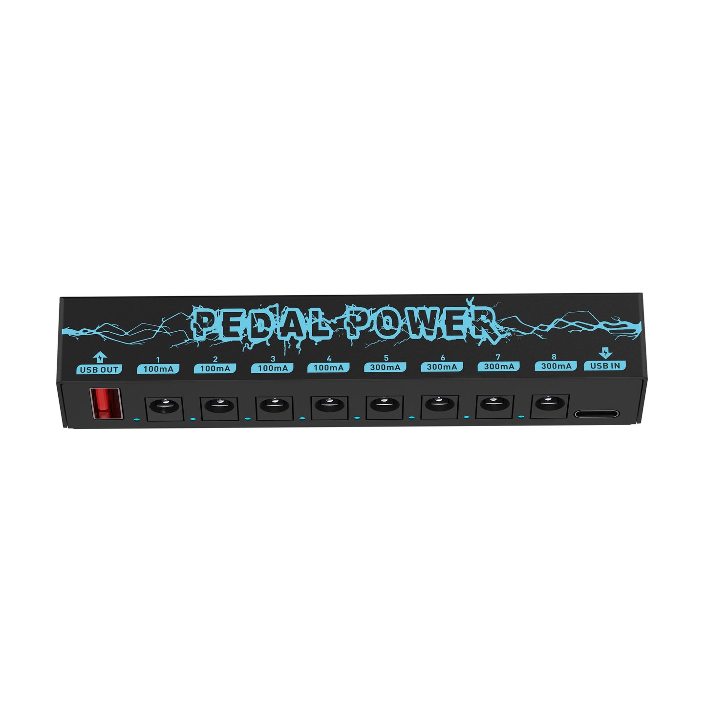 Portable pedal power supply with 8 isolated 9V channels, Type C input, 8 DC outputs, 1 USB output, and short circuit protection.