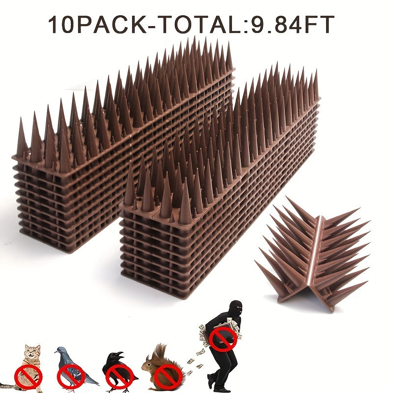 10 packs of 2023 new 298.7cm 4-row bird spikes for windowsills, balconies, flower pots, fences, and walls to deter birds, cats, doves, and thieves.