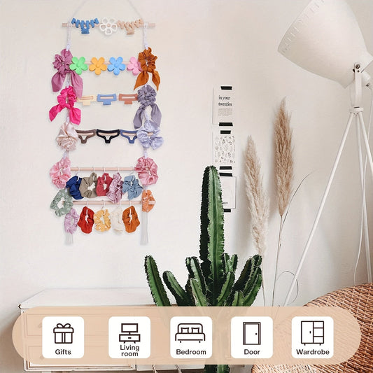 Organize your hair accessories with this convenient Braid Claw Clip Organizer Holder. Perfect for women and girls, this wall hanging decoration can be easily placed on a door, in a closet, or in a bedroom.