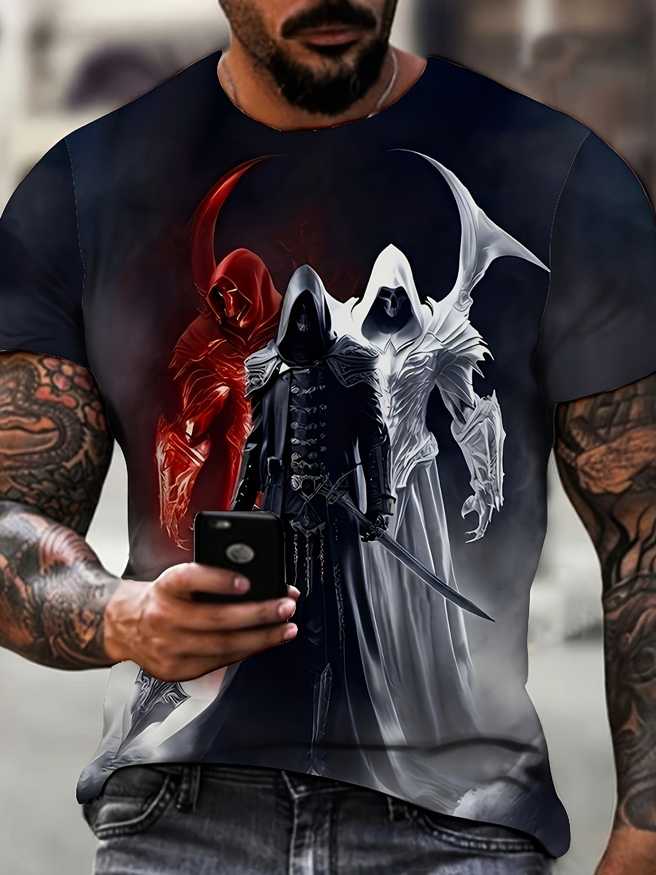 Grim Reaper graphic t-shirt for plus size men, made of comfortable, breathable polyester. Features full print design and round neckline, suitable for casual sports. Unisex adult top.