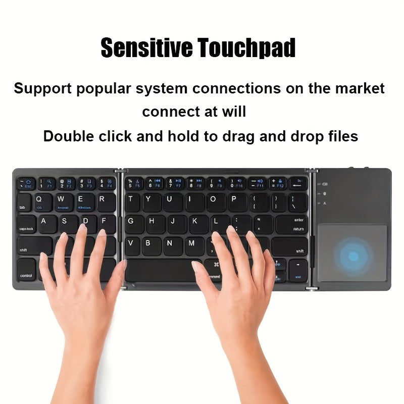 Portable and rechargeable wireless keyboard with touchpad, compatible with iPad Air 2, Windows 10, and Android devices. 81 keys, lightweight design, and durable construction.