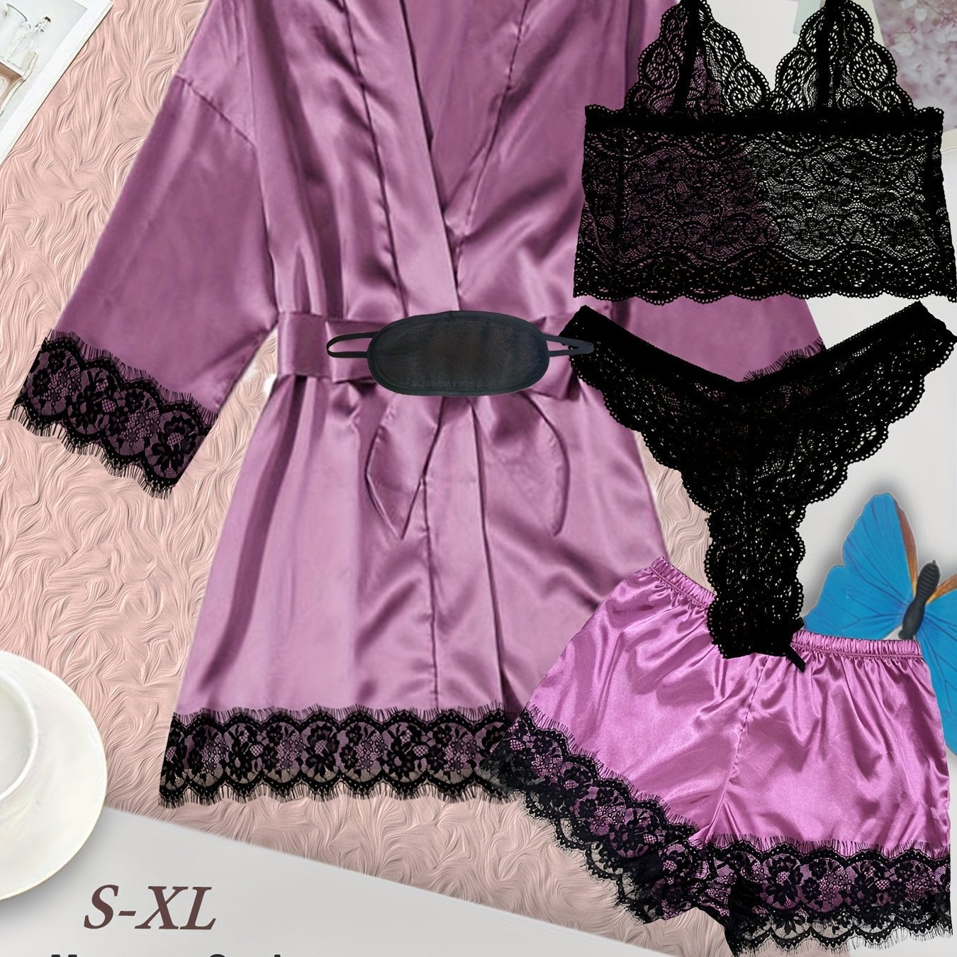 Satin lounge set with lace, robe, cami bra, thongs, and shorts for women.