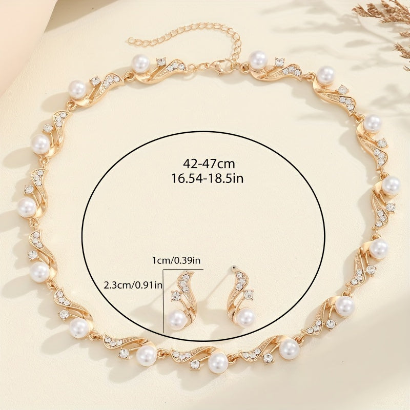 This elegant two-piece set includes a water-drilled imitation pearl necklace and matching earrings, perfect for women who love light luxury and versatility. The necklace can be worn as a sweater chain or a clavicle chain, and is adorned with golden