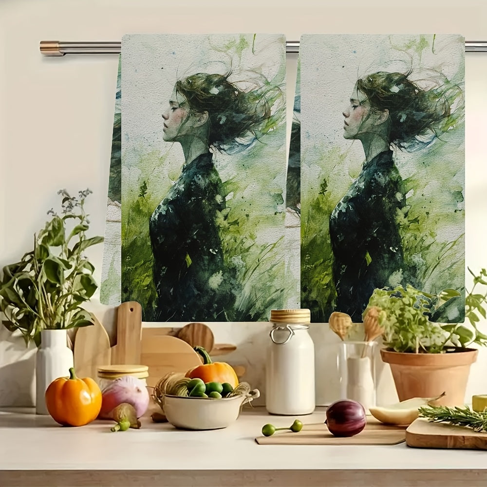 Pair of 2, Luxuriously Soft Kitchen Towels in Verdant Wind, Exceptionally Absorbent Dish and Hand Towels for Festive Decor, Safe for Machine Washing, Dimensions 40.64X60.96 cm.