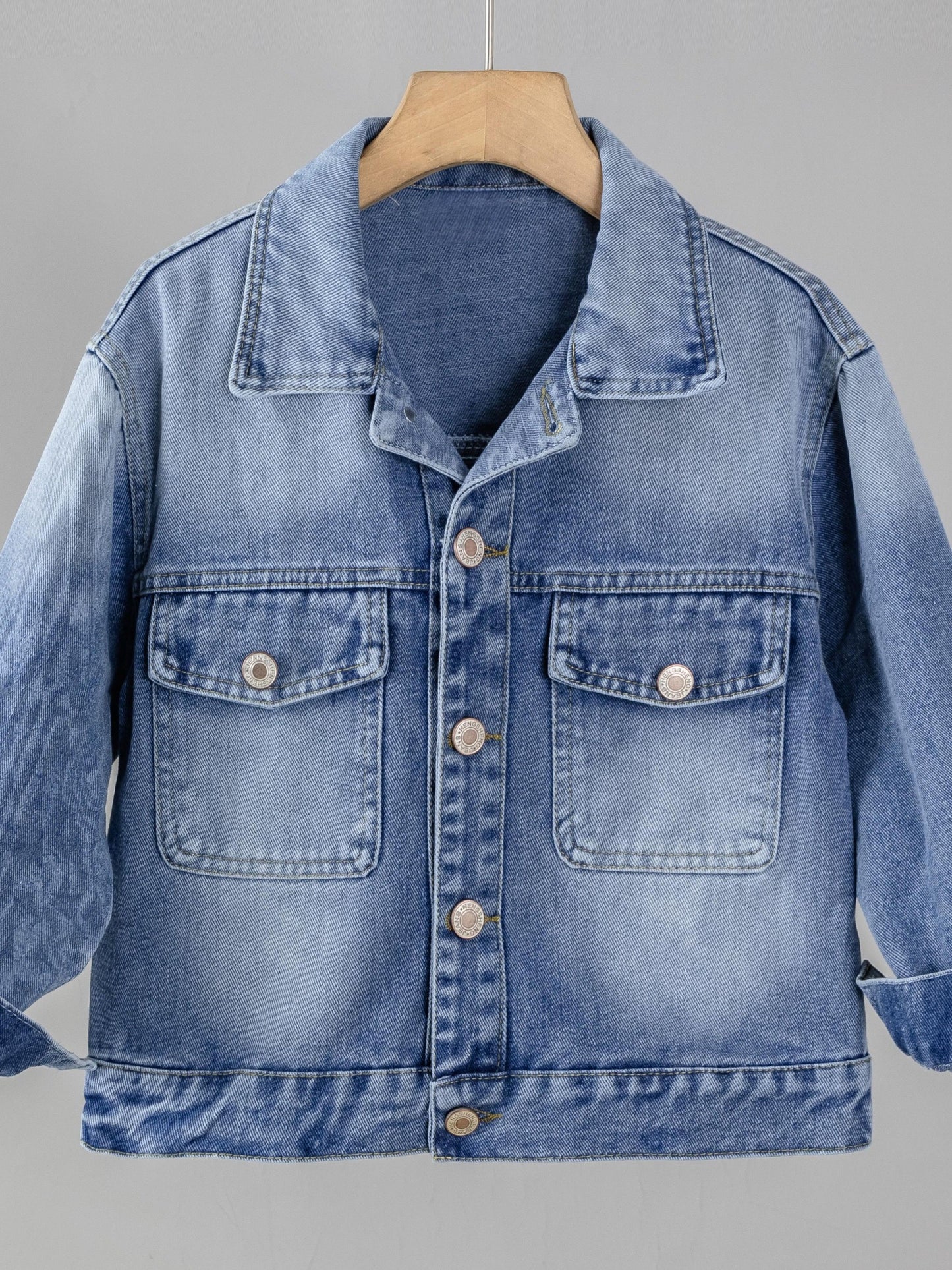 1pc Girls' Denim Jacket with Lace Butterfly Detail, Casual Style, Collared, Button-Up, Cotton Blend, Stretch Fabric, All-Season - H Line Cut