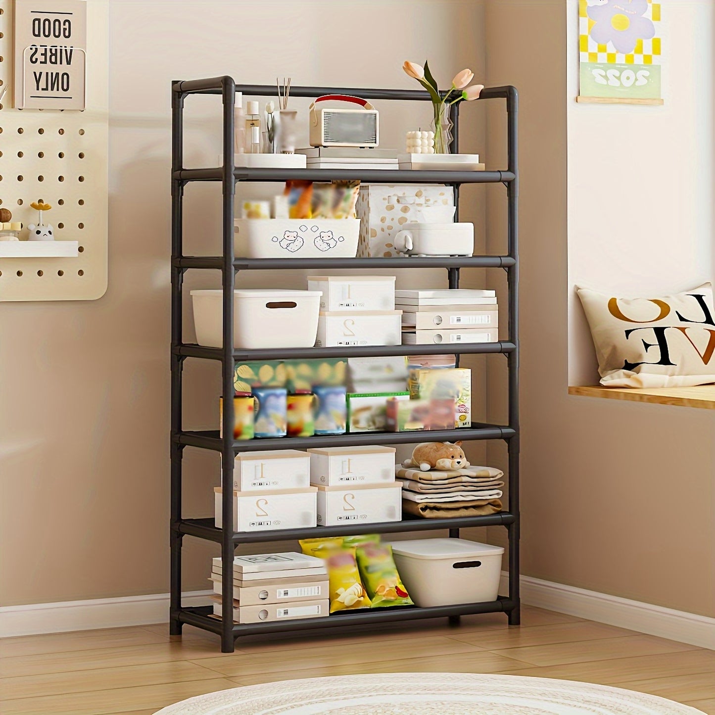 1 piece modern 6-tier metal storage rack with paint finish and large capacity. Vertical shelving with metal pipe frame, suitable for home and office use.