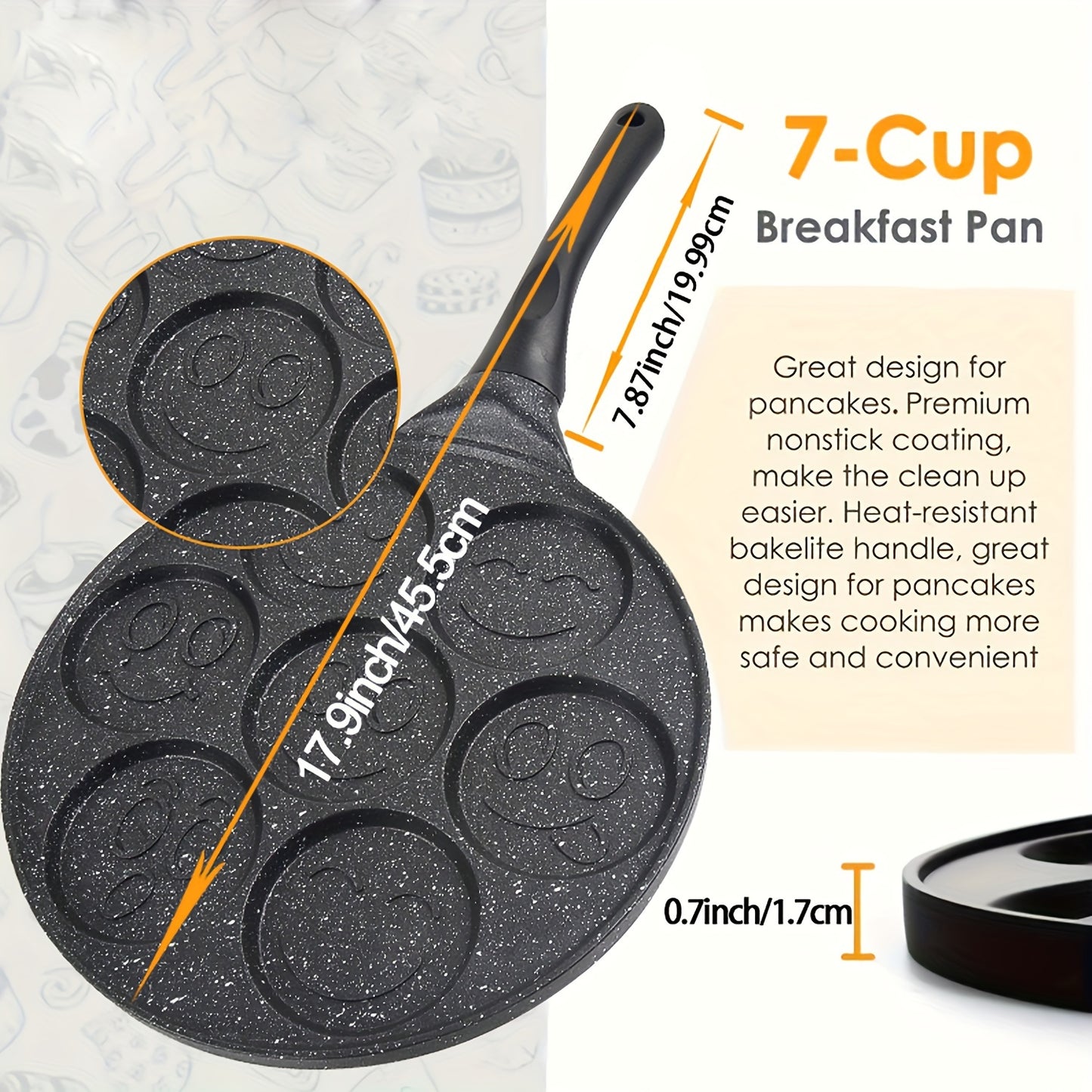 Non-stick pancake pan with 7 face molds for easy cleaning and perfect breakfasts.