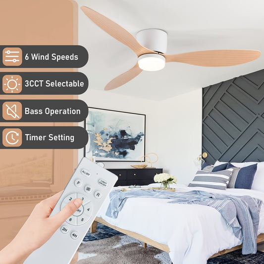 52/42 inch modern ceiling fan with LED lights, remote, adjustable color temperature, 6 wind speeds, 3 blades. For indoor use in living room, bedroom, dining room. Hardwired, 85V-265V. Model