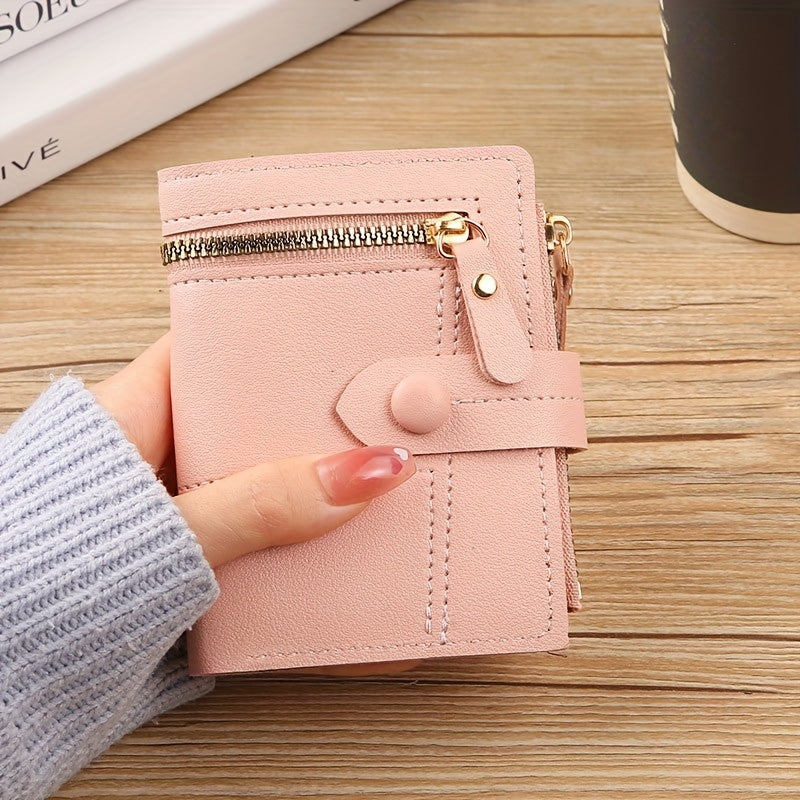 Foldable, stylish short wallet for women with multiple zippers, clasps, and card slots, ideal for coins, change, credit cards, and ID cards.