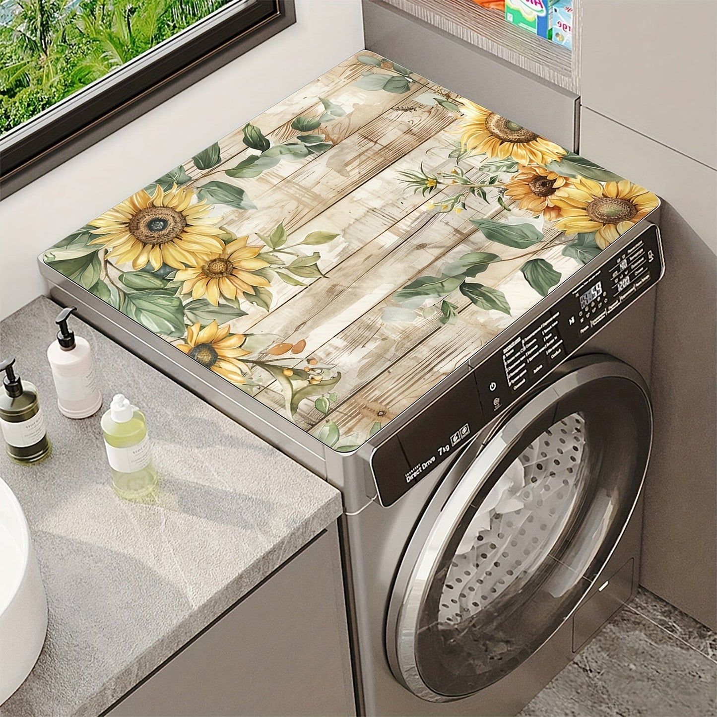 60cm x 60cm Universal Dust Cover with Sunflower Pattern - Machine Washer and Dryer Protector, Absorbent Top Cover for Washing Machines and Dryers- Perfect for Kitchen and Laundry Room Decor