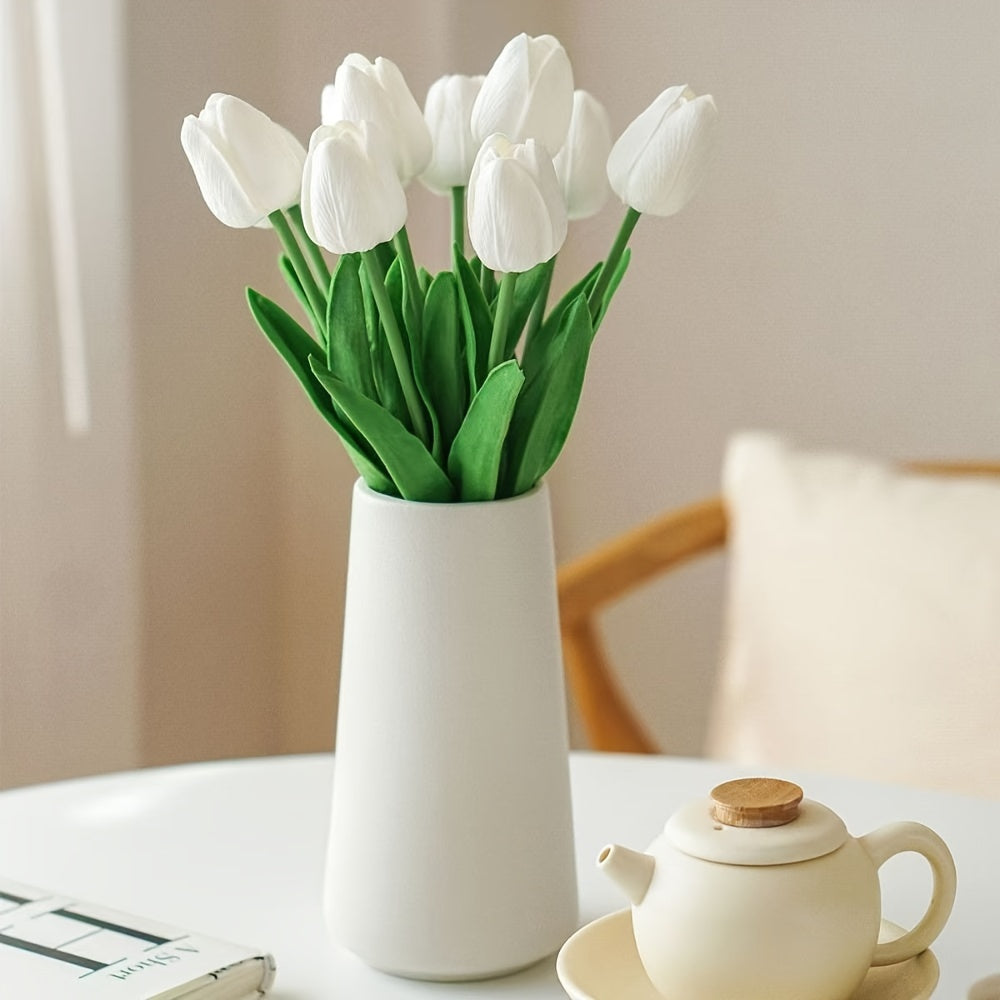 6 artificial tulips, perfect for home decor and tabletop display during anniversaries or in living rooms. Vase not included.