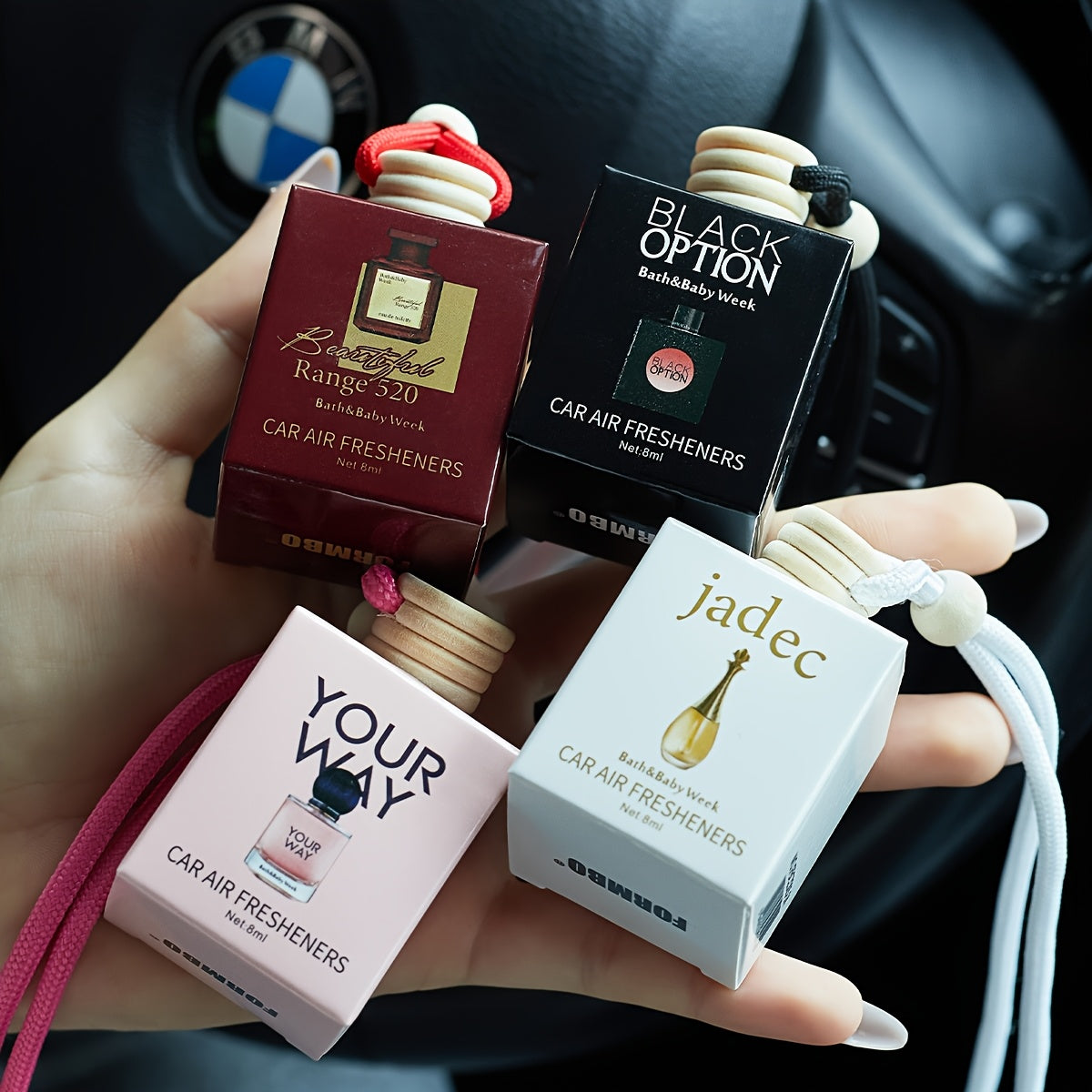 4 Elegant Car Air Fresheners with Essential Oils & Perfume, Long-Lasting Odor Eliminator, Alcohol-Free, Perfect for Vehicle Interior, Champagne & Floral Scents.