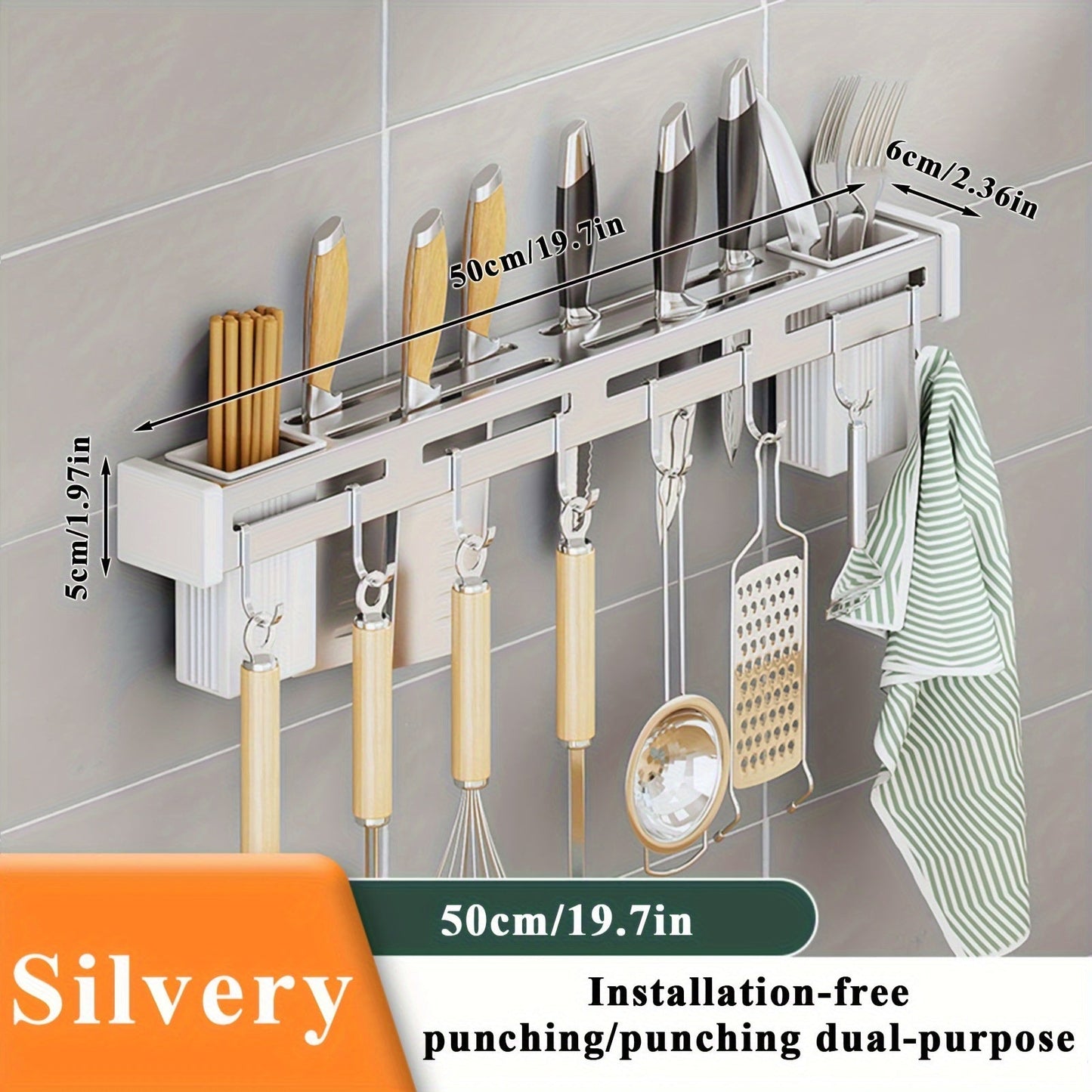 Wall-mounted stainless steel kitchen knife rack with 8 hooks and a dual-purpose design for holding knives and chopsticks. Measures 50cm in length and comes with a shelf for storing other household items. Easy to install without the need for punching