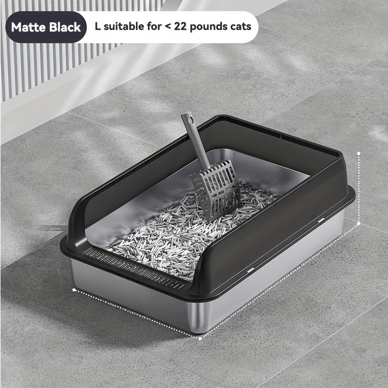 Large stainless steel litter box with splash guard cover for easy cleaning.