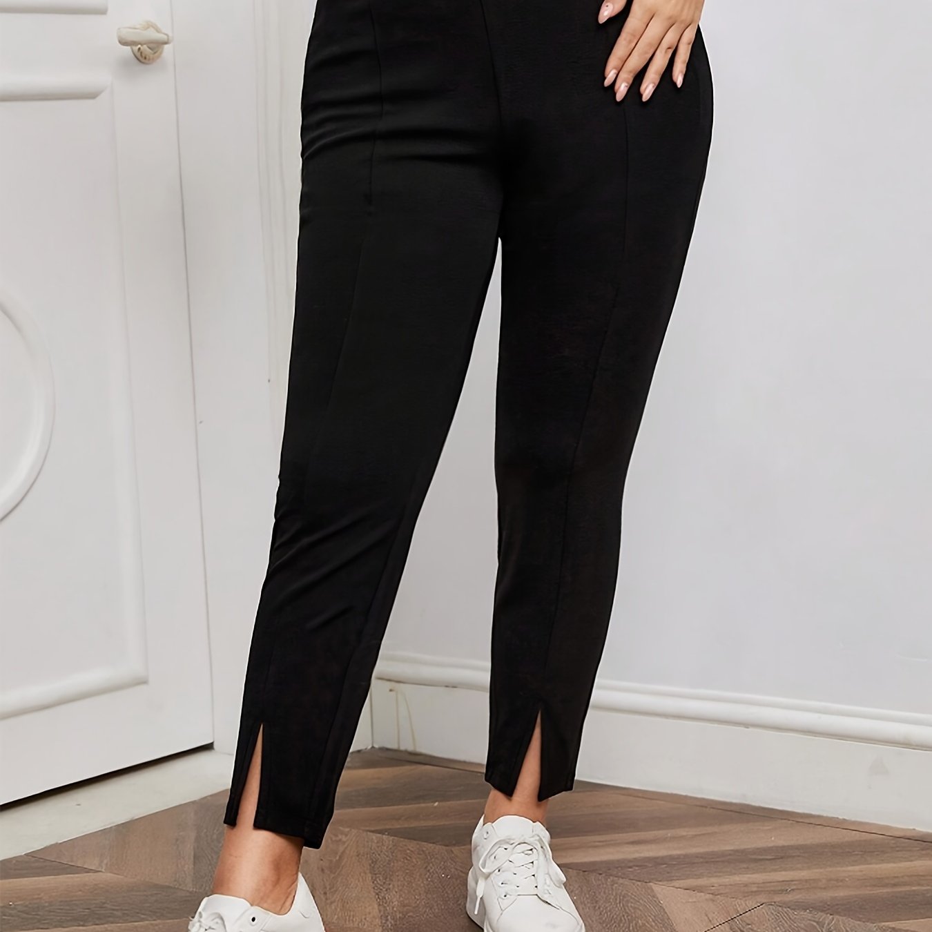 Plus Size Solid Split Hem Pants for Spring & Summer, Casual High Waist Skinny Pants for Women's Plus Size Clothing.