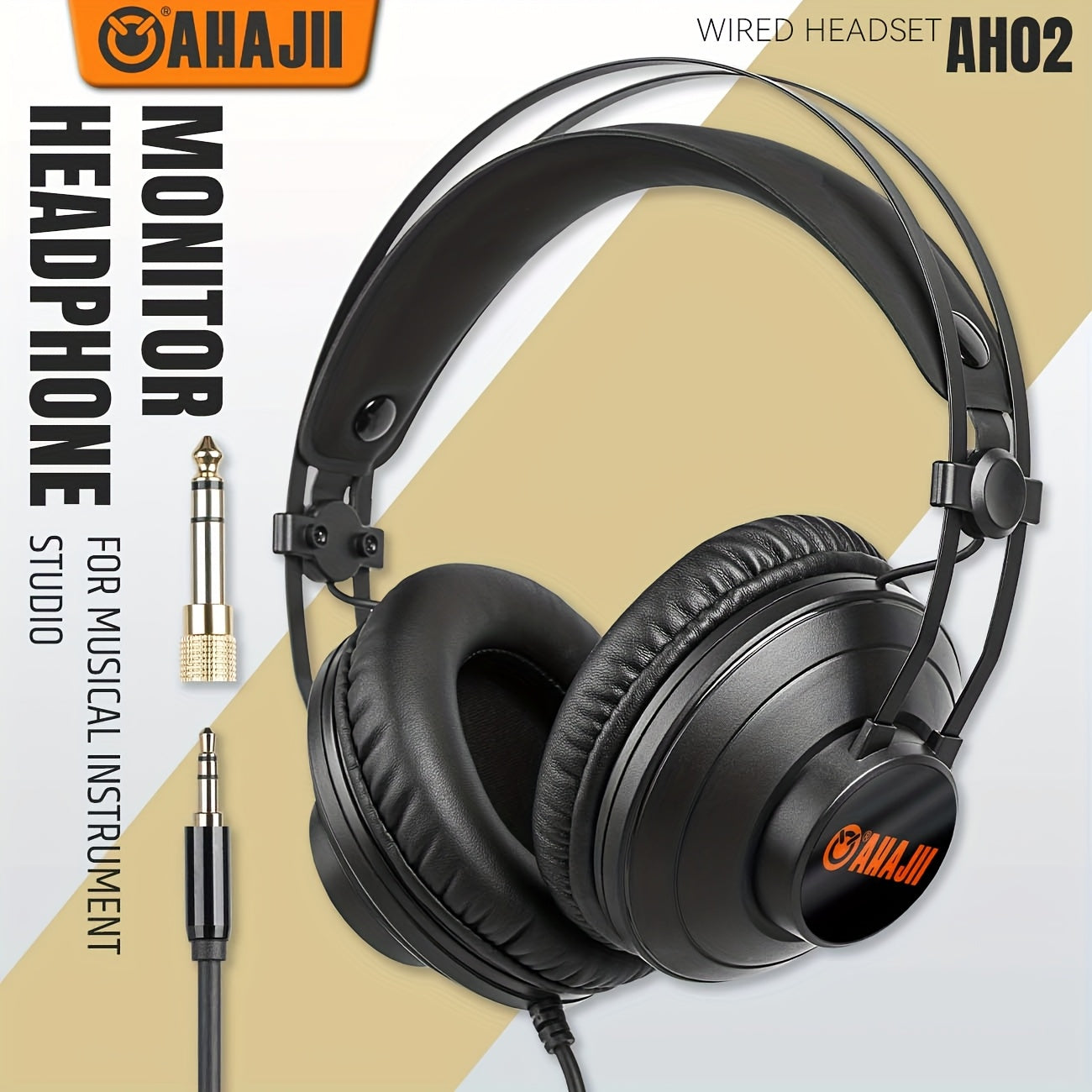 AHAJII AH02 Wired Studio Monitor Headphones with noise cancelling, hi-fi sound, detachable design, and cables. Suitable for recording, guitar, mixer, podcast, DJ, keyboard practice.