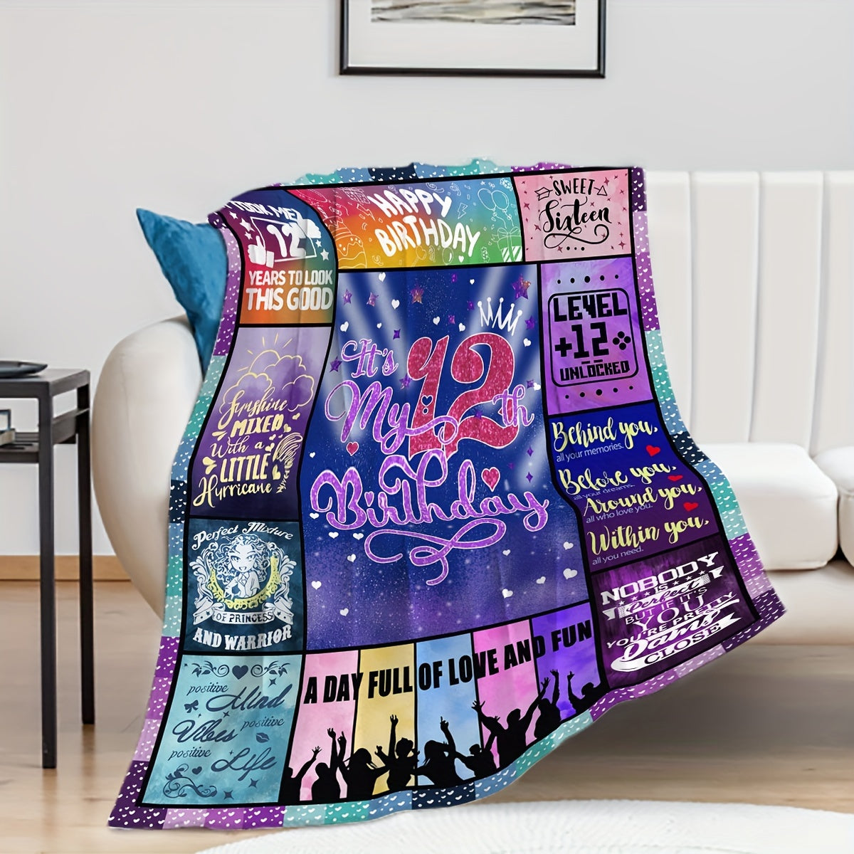 Celebrate Your 12th Birthday in Style with a Vibrant Blanket - This Soft, Cozy Polyester Throw Features Fun Birthday Messages & Patterns - Easy to Clean in the Washing Machine, Perfect for Year-Round Use on the Sofa or Bed - The Ideal Gift for Girls