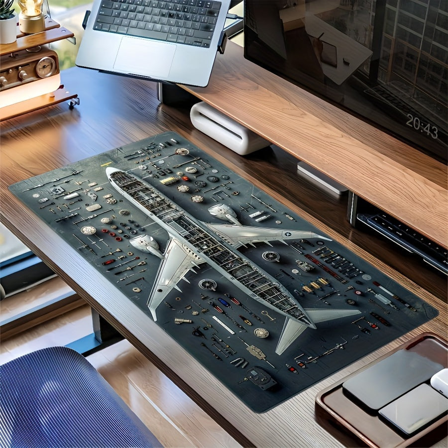 Oversized airplane blueprint design mouse pad with stitched edges and non-slip base. Durable rubber material with special non-slip feature.