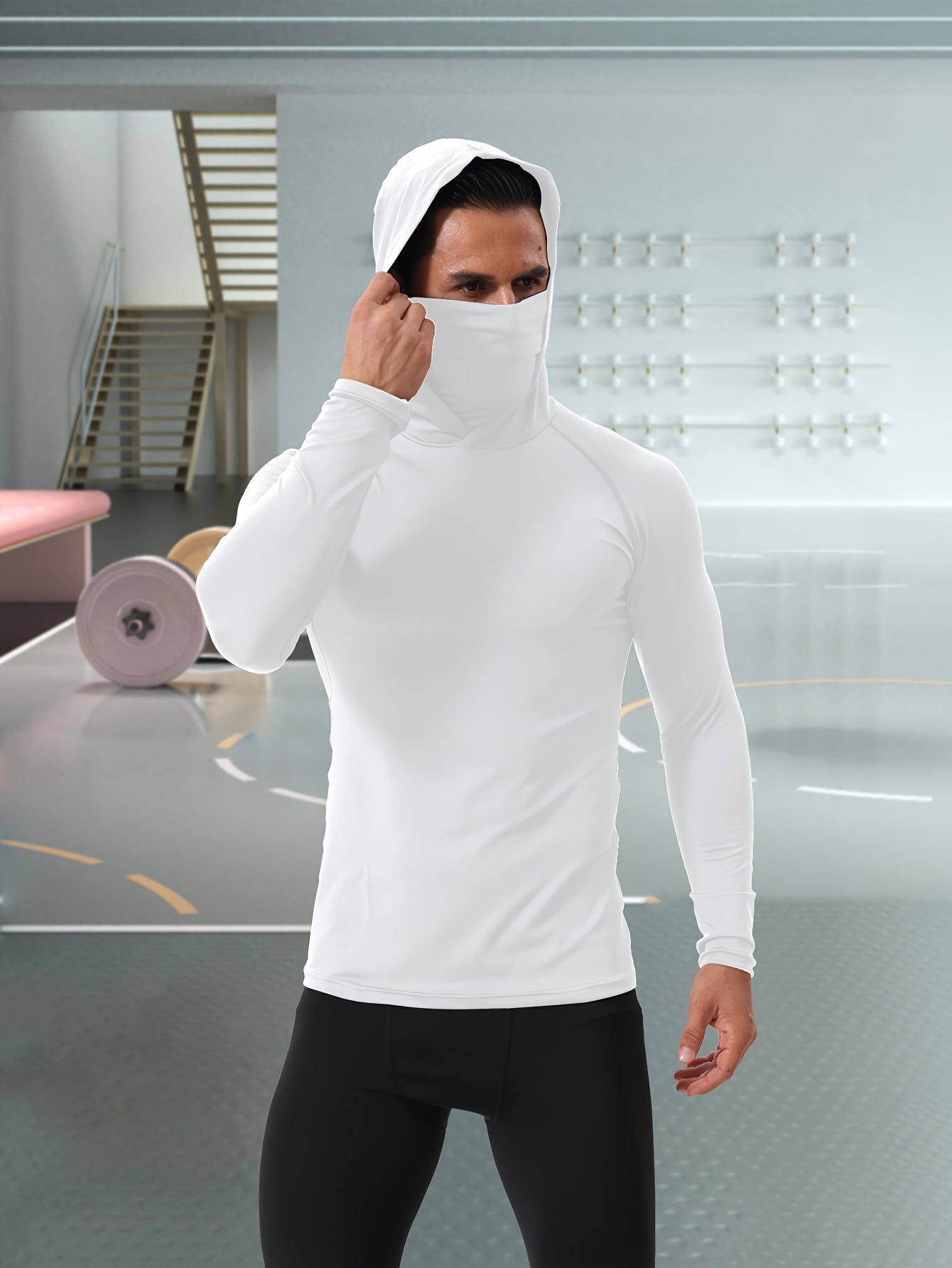 Men's hoodie with mask, quick-drying and breathable long-sleeve t-shirt, spring and autumn compression sports top enhances workout performance, a gift.